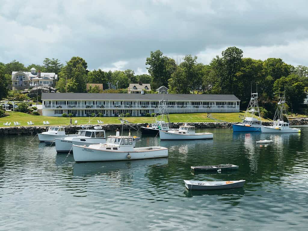 Several small boats float on calm water in a harbor, with a row of houses and trees visible on the shore in the background under a partly cloudy sky.