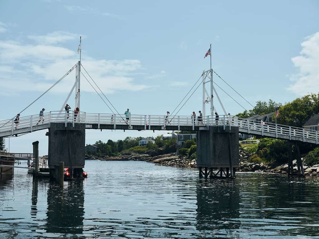 People walk on a white footbridge with suspension cables over calm water, with trees and houses visible in the background under a partly cloudy sky.