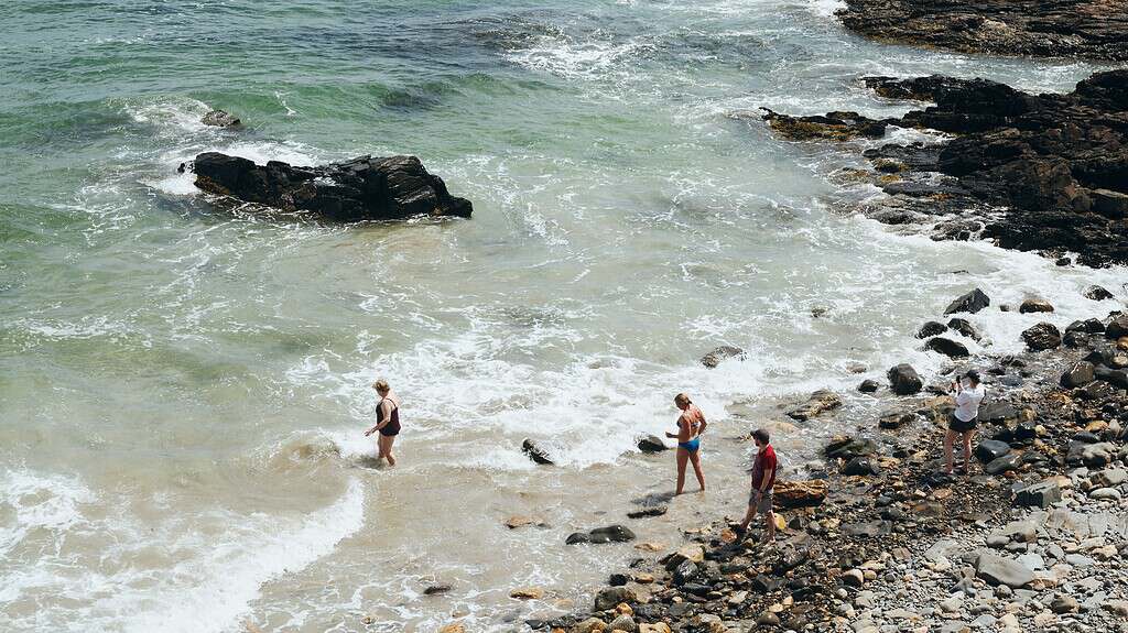 Four people stand on a rocky beach near the shoreline, with waves washing over their feet and rocks scattered on the sand.