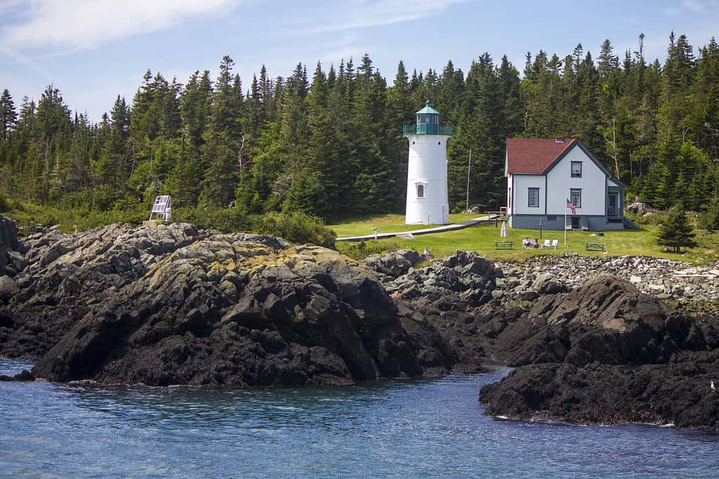A white lighthouse and an adjacent house sit on a rocky coastline backed by a forest.