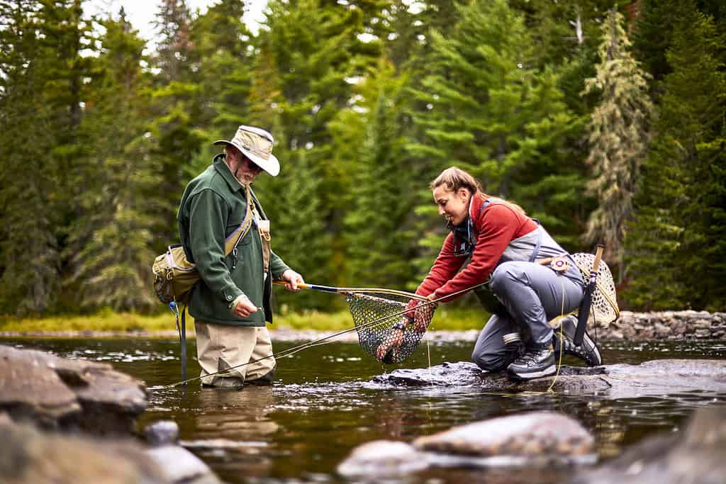 Two people in outdoor gear are fishing in a forest stream. One person holds a net with a fish, while the other kneels to assist. Trees and rocks surround them.