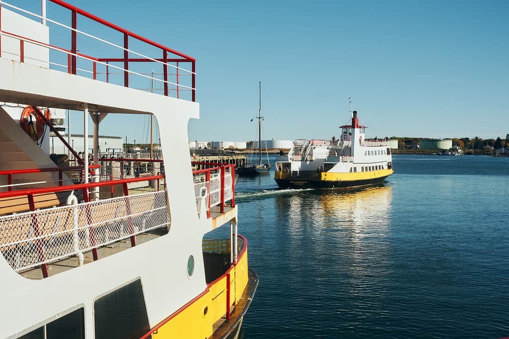 Two yellow and white ferries are docked in a calm harbor on a clear, sunny day, with industrial tanks visible in the distant background.