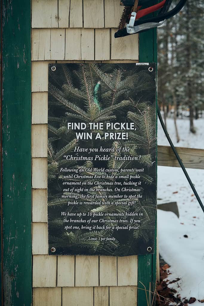 A sign on a wooden wall explains the "Christmas Pickle" tradition and invites visitors to find a pickle ornament hidden in a Christmas tree to win a prize. Snow is visible in the background.