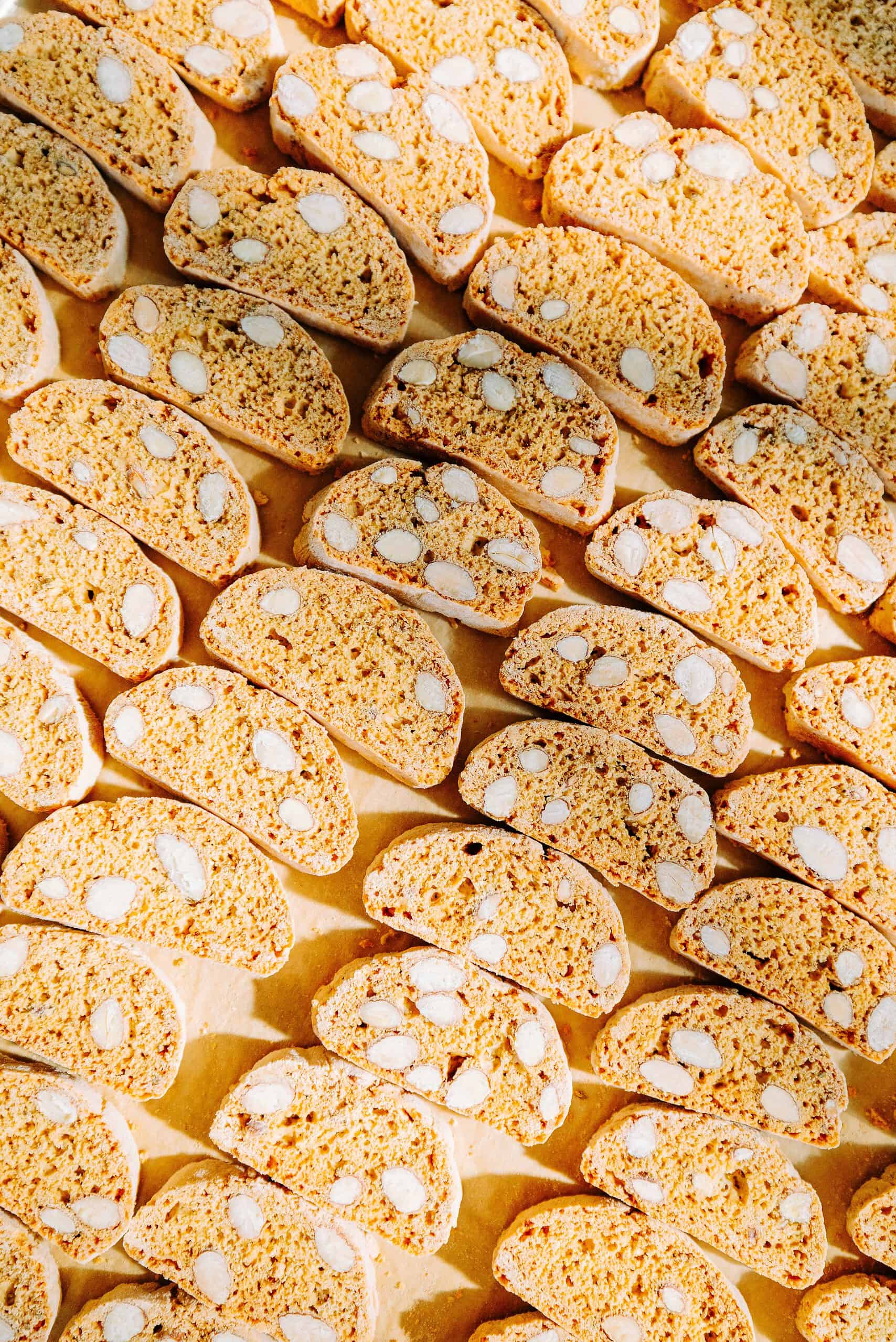 biscotti lined up on a sheet pan