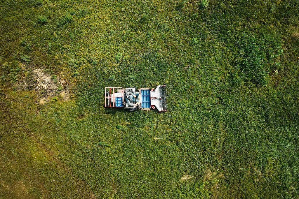 Aerial view of a tractor mowing a green field.