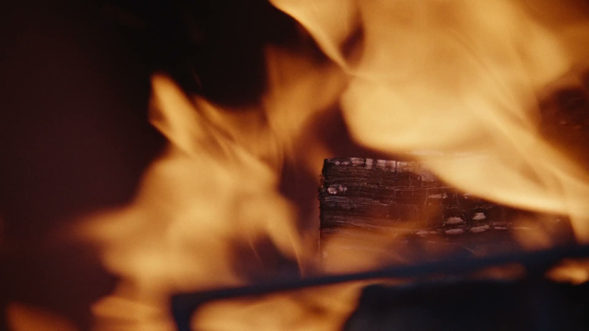 Bright orange flames rising from a charred piece of wood.