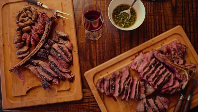 Grilled steak on boards
